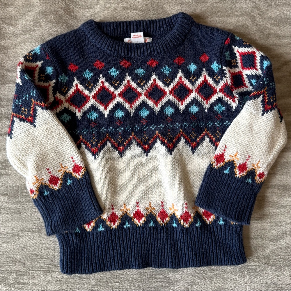 Cat & Jack Baby Boy Fair Isle Sweater 12M Navy Cream Red Winter Knit Pullover
